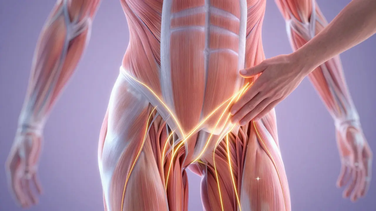 Ilustrace uvolňování fascie v kyčli a stehně pomocí jemného tlaku.