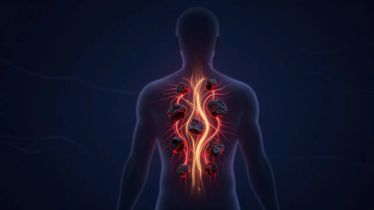 Koncepční obrázek s tepelnými proudy vystupujícími z kamenů na zádech, symbolizující zlepšení oběhu.