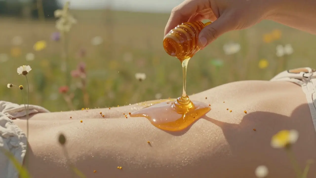Ruka aplikuje nefiltrovaný med na břicho, med se táhne jako viskózní nitě při jemném odtrhování od kůže.