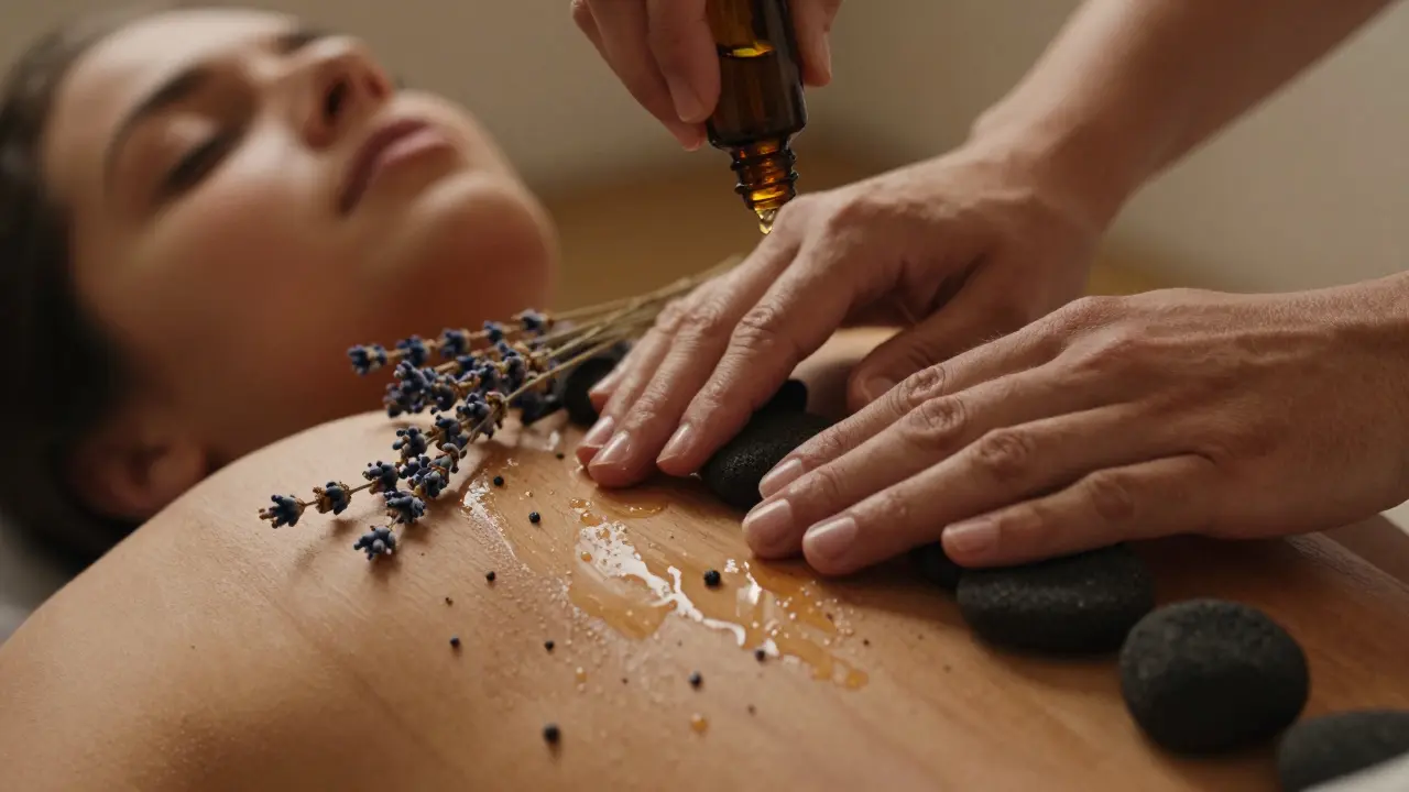 Teplé kameny položené na zádech s kapičkou esenciálního oleje a sušenou lavandou.