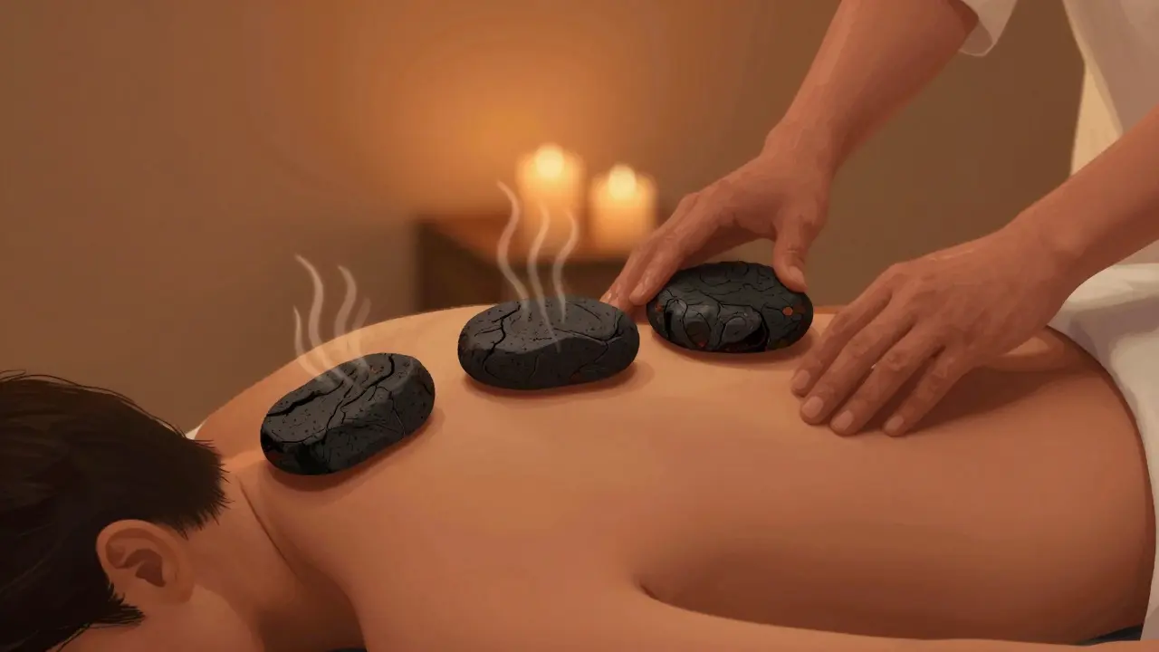 Terapeut aplikuje horké lávové kameny na záda a ramena, teplé světlo a klidná atmosféra.