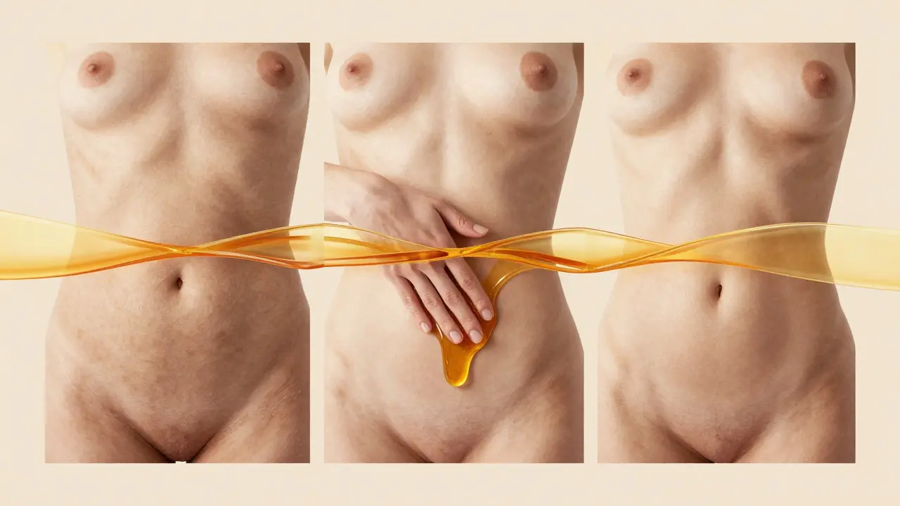 Tři panely ukazují přechod od nezdravé kůže k hladké a zářivé kůži po medové masáži, s medem jako spojovacím prvkem.