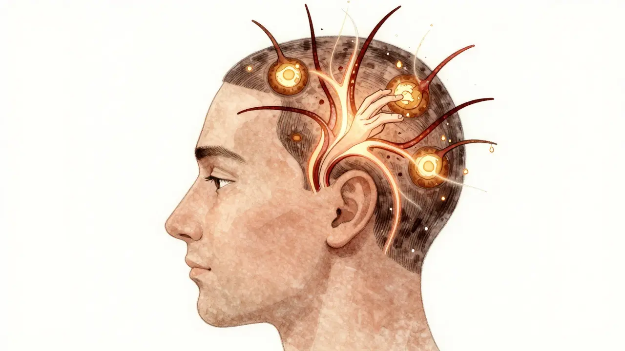 Abstraktní znázornění krevního oběhu a masáže na vlasové pokožce.