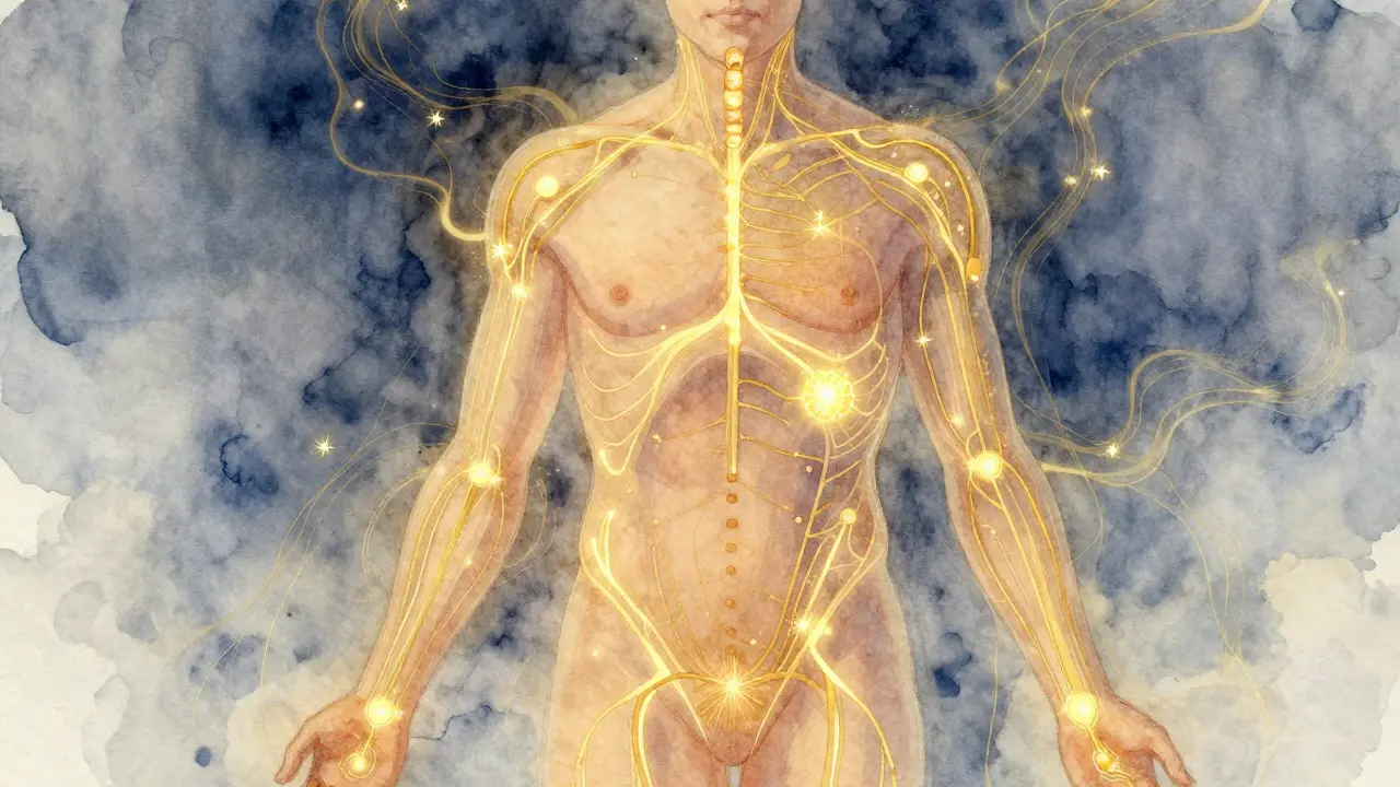 Grafické znázornění těla s těkavými zlatými energetickými kanály a osvětlenými body tlaku.