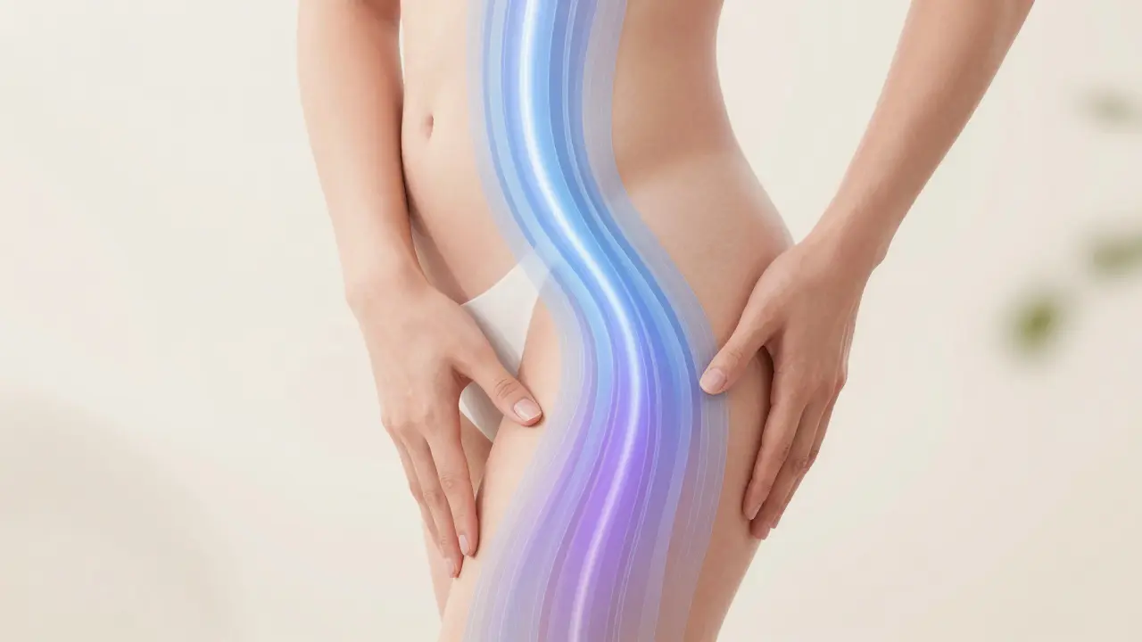 Jemné pohyby ruky podél stehna, symbolizující lymfatický odtok, s jemným světelným efektem tekutin.