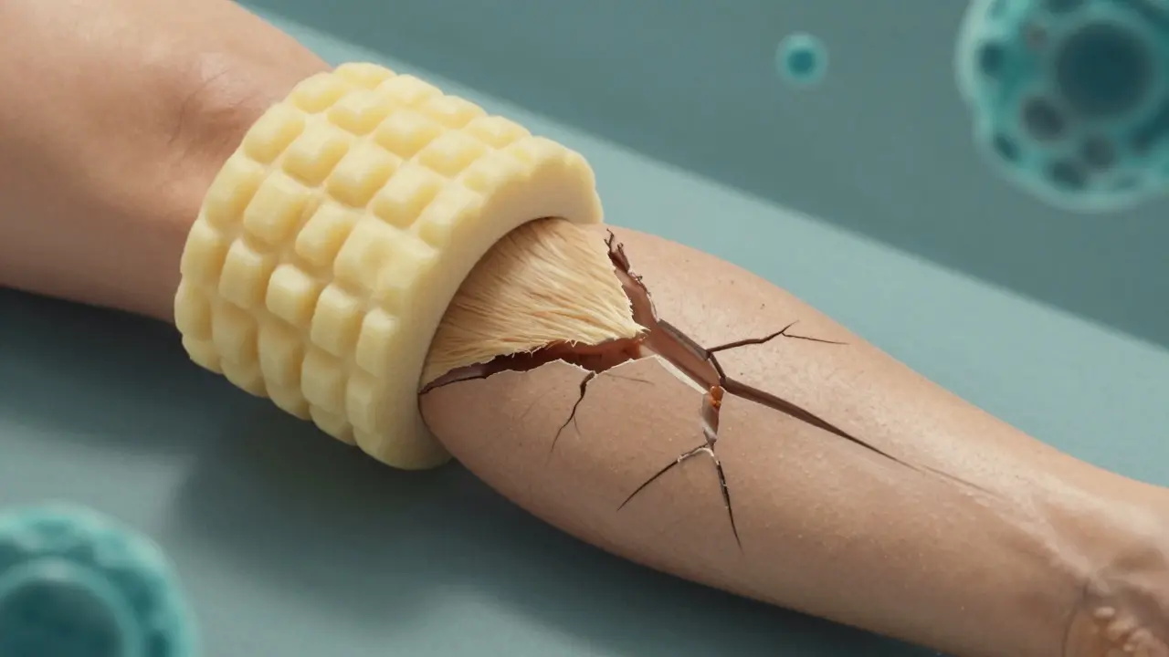 Křečový válec tlačí na stehno, rozpadají se ztuhlé vlákna pod kůží, konceptuální znázornění regenerace tkáně.