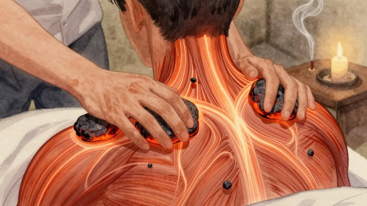 Ruce umisťují ohřáté lávové kameny na ramena a krk, s teplými zářivými paprsky pronikajícími do svalů.
