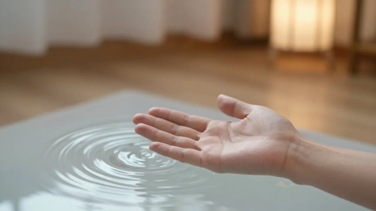 Ruka tlačí na vnitřní stranu předloktí, jemné vlny energie se šíří do okolí.