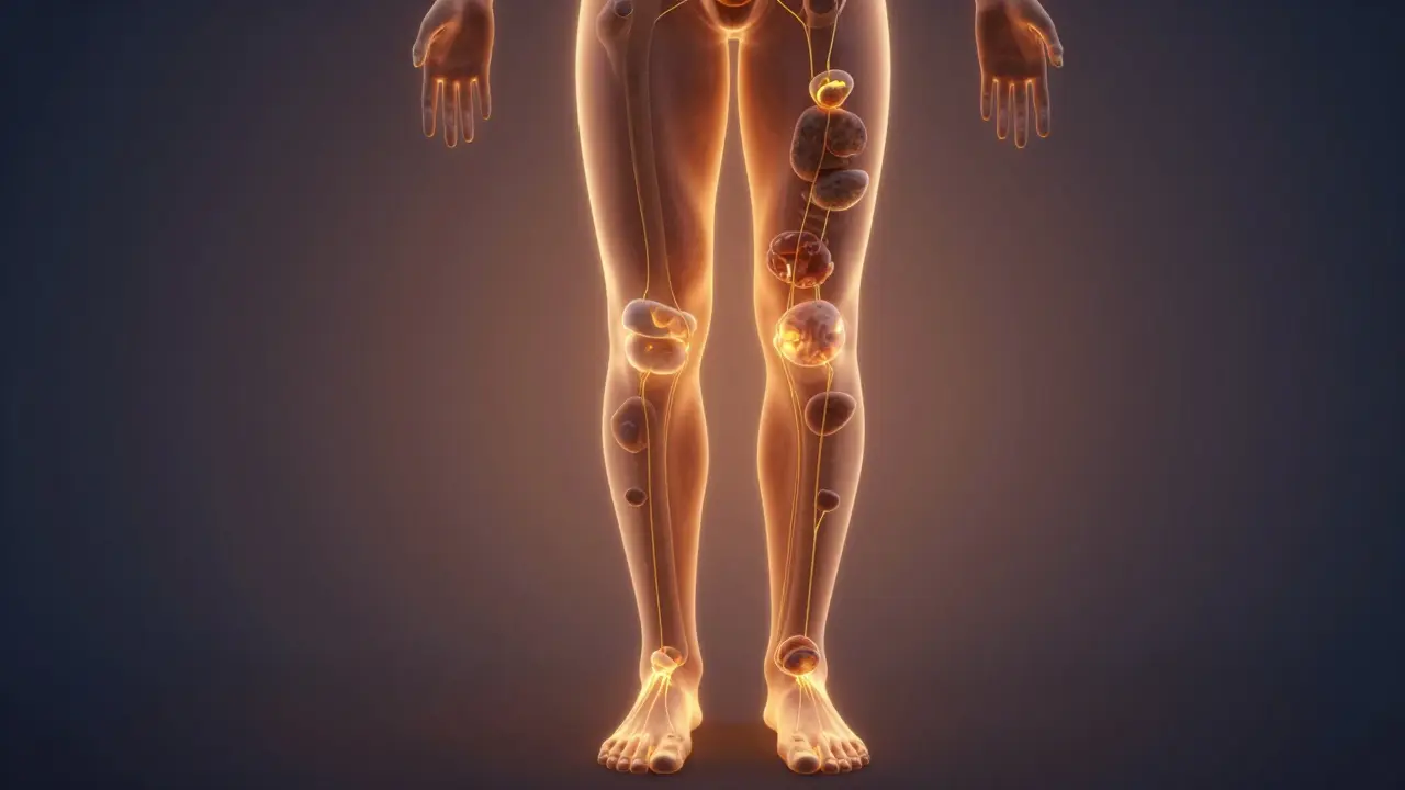 Silueta člověka s vnitřně svítícími lávovými kameny podél těla, symbolizujícími zlepšenou cirkulaci a uvolnění.