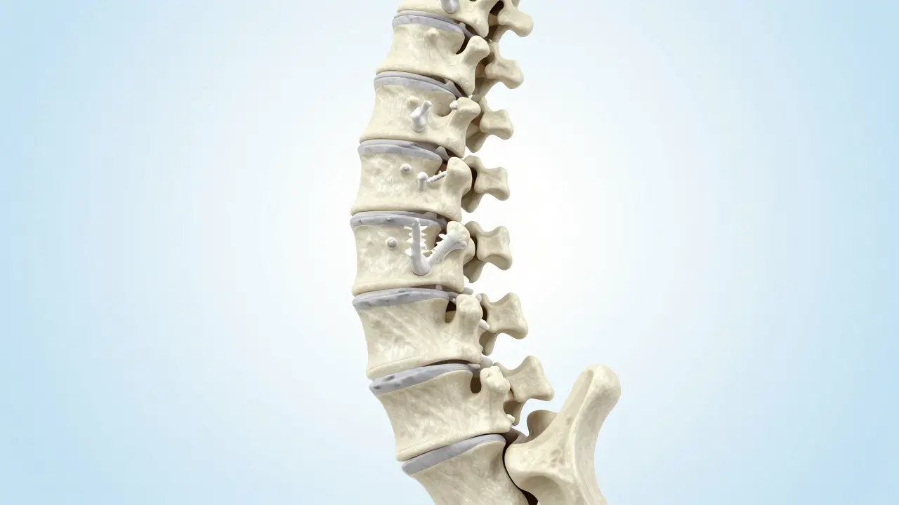 3D ilustrace psí páteře s kostními mosty znázornující spondylózu.