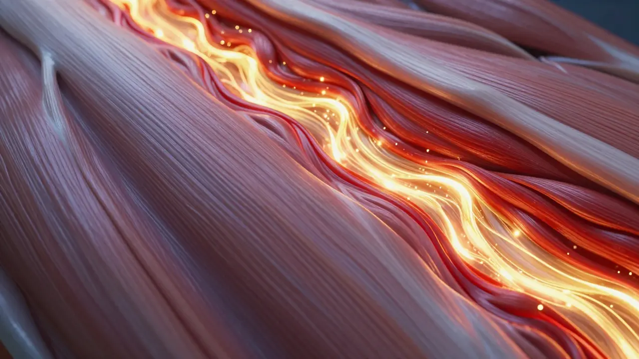 Abstraktní zobrazení svalů a proudícíceho kyslíku v červených a zlatých tónech.