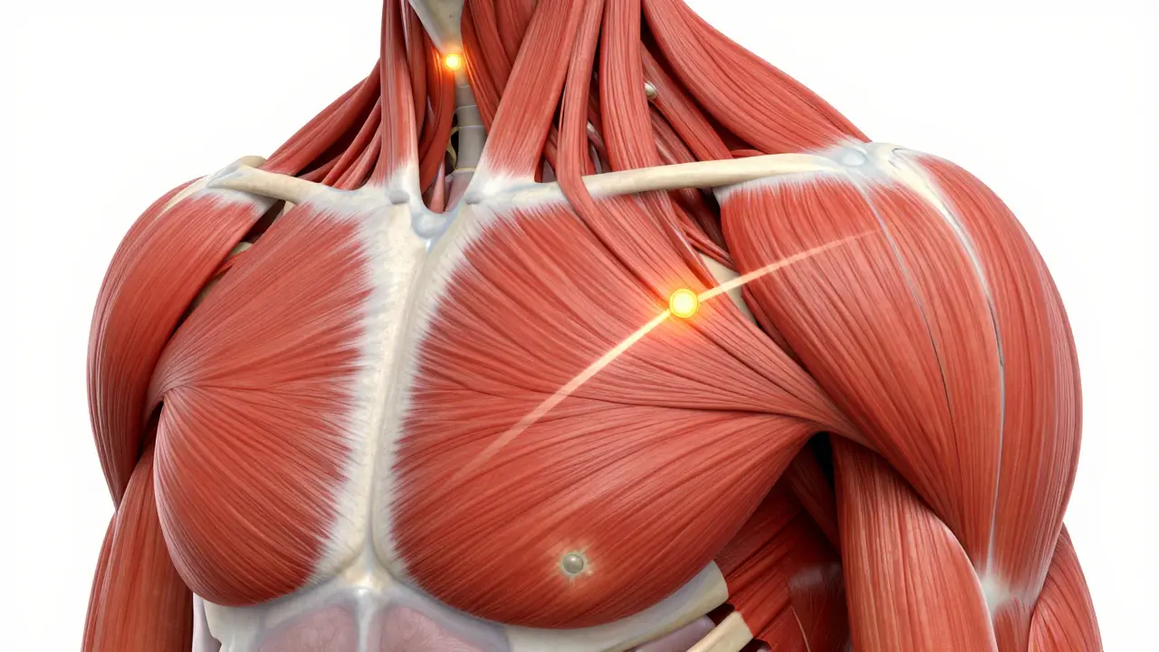 Anatomická ilustrace svalů ramene s vyznačenými trigger pointy.