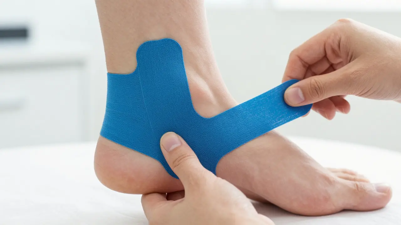 Aplikace modrého kineziotejpu na vnější stranu kotníku v pravém úhlu.