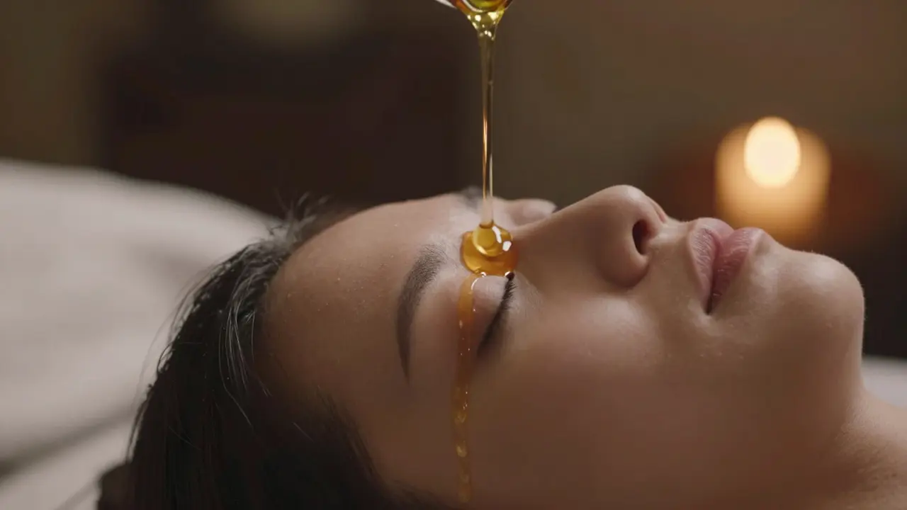 Detailní pohled na proceduru Shirodhara s proudem teplého oleje na čelo.