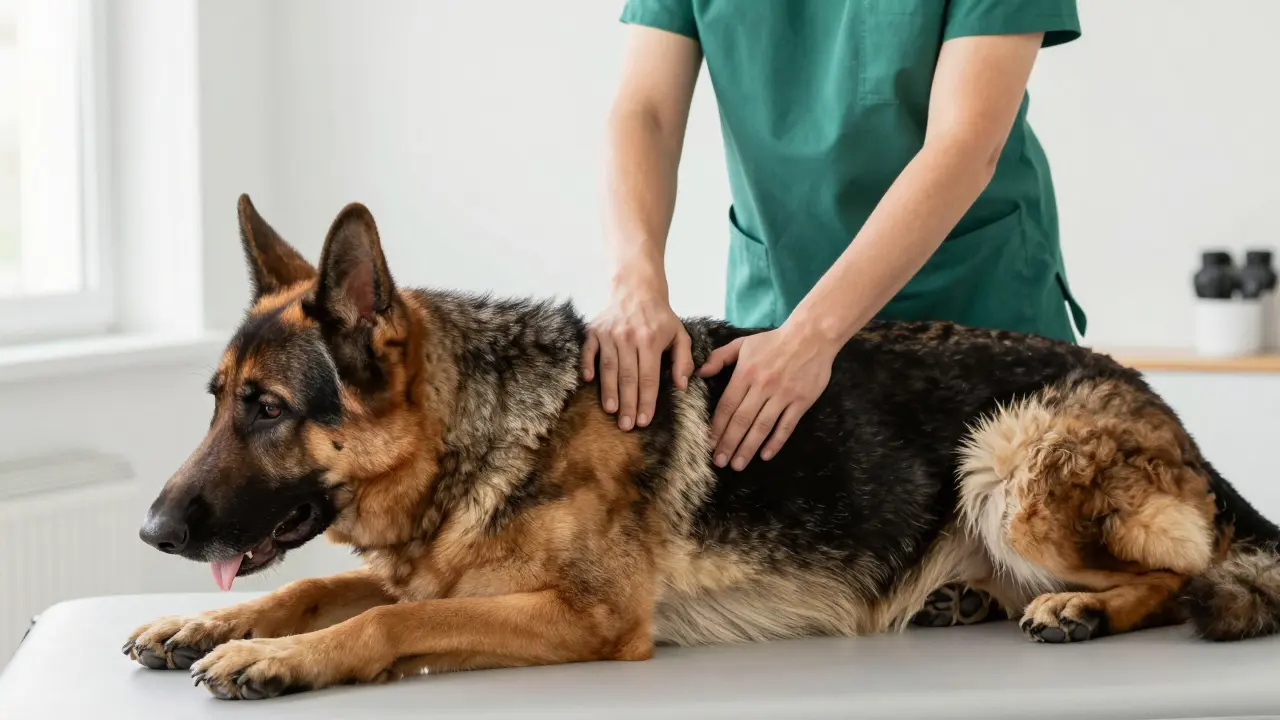 Fyzioterapeut jemně aplikuje Dornovu metodu na záda německého ovčáka.