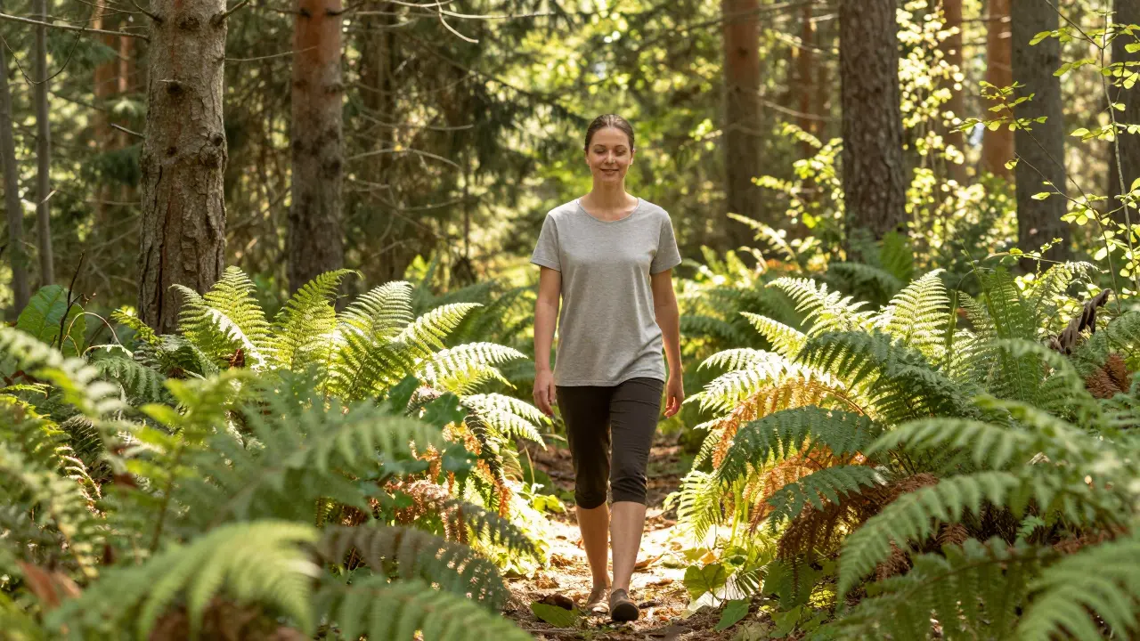 Klidný člověk procházející slunným anebym lesem s pocitem lehkosti a energie.