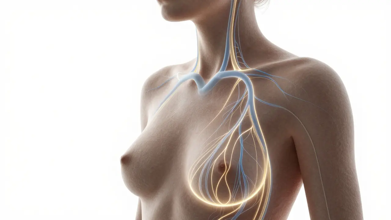 Konceptuální zobrazení lymfatického proudění a obnovy elasticity pokožky.