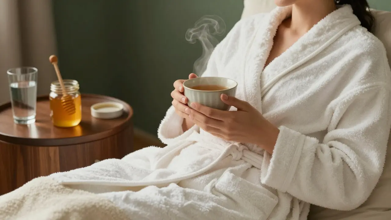 Odpočívající osoba v teplém rouchu s bylinkovým čajem po medové masáži