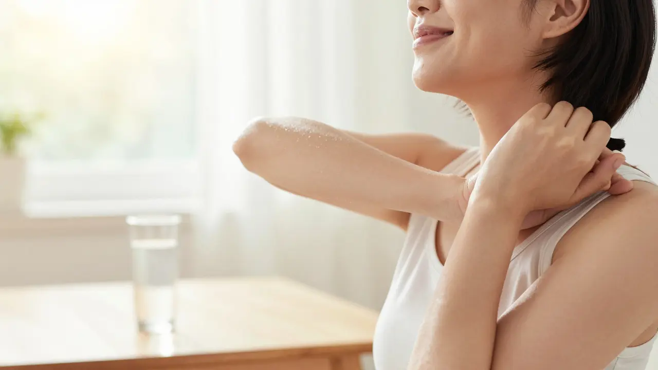 Osoba se usměvavým výrazem provádí protahování ramen v domácím prostředí.