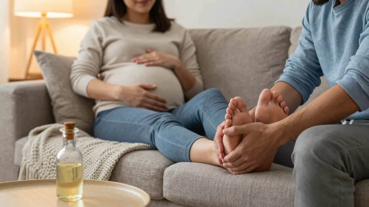 Partner jemně masíruje nohy své těhotné partnerky v domácím prostředí.