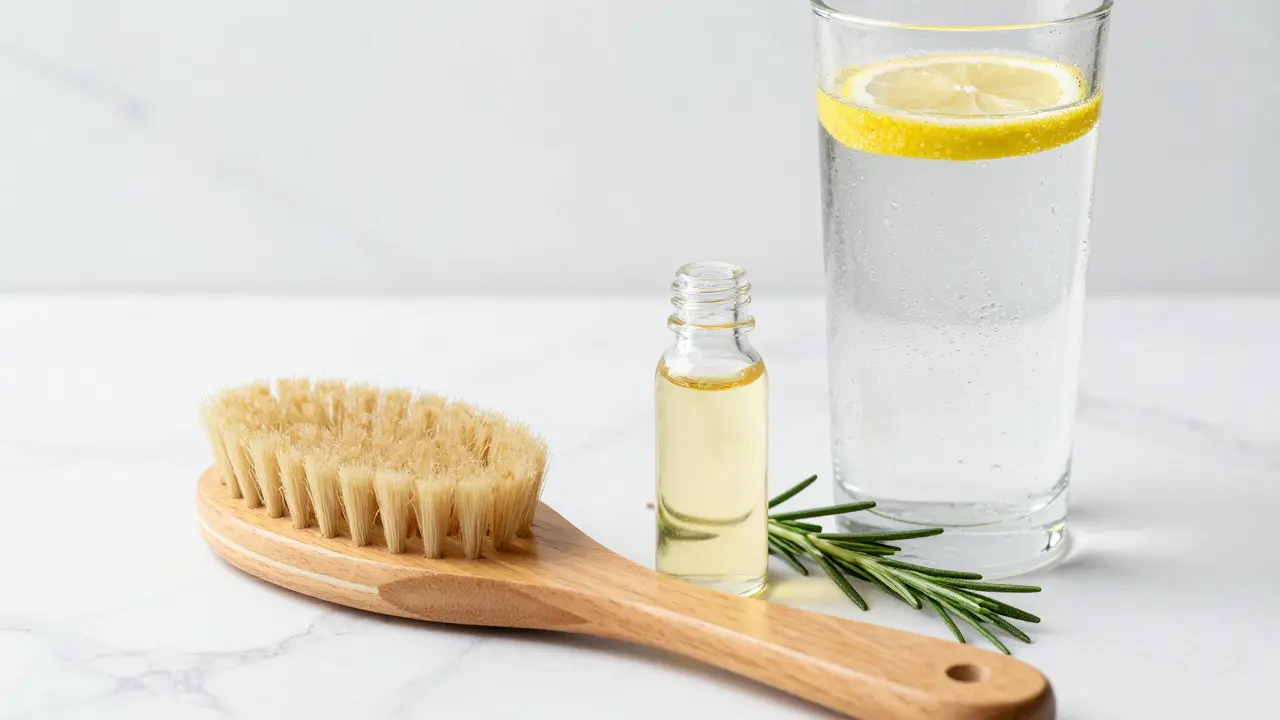 Sada pro domácí péči: kartáč na suché masáže, esenciální olej a sklenice vody.