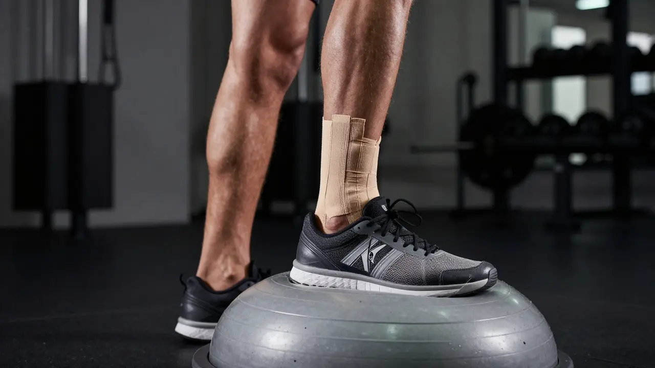 Sportovec s zpevněným kotníkem při cvičení rovnováhy na Bosu míči.
