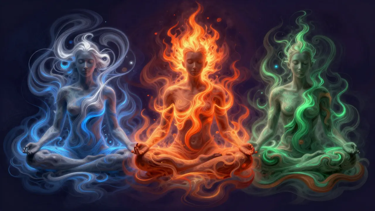 Umělecké znázornění tří energetických dosh Vata, Pitta a Kapha v lidském těle.