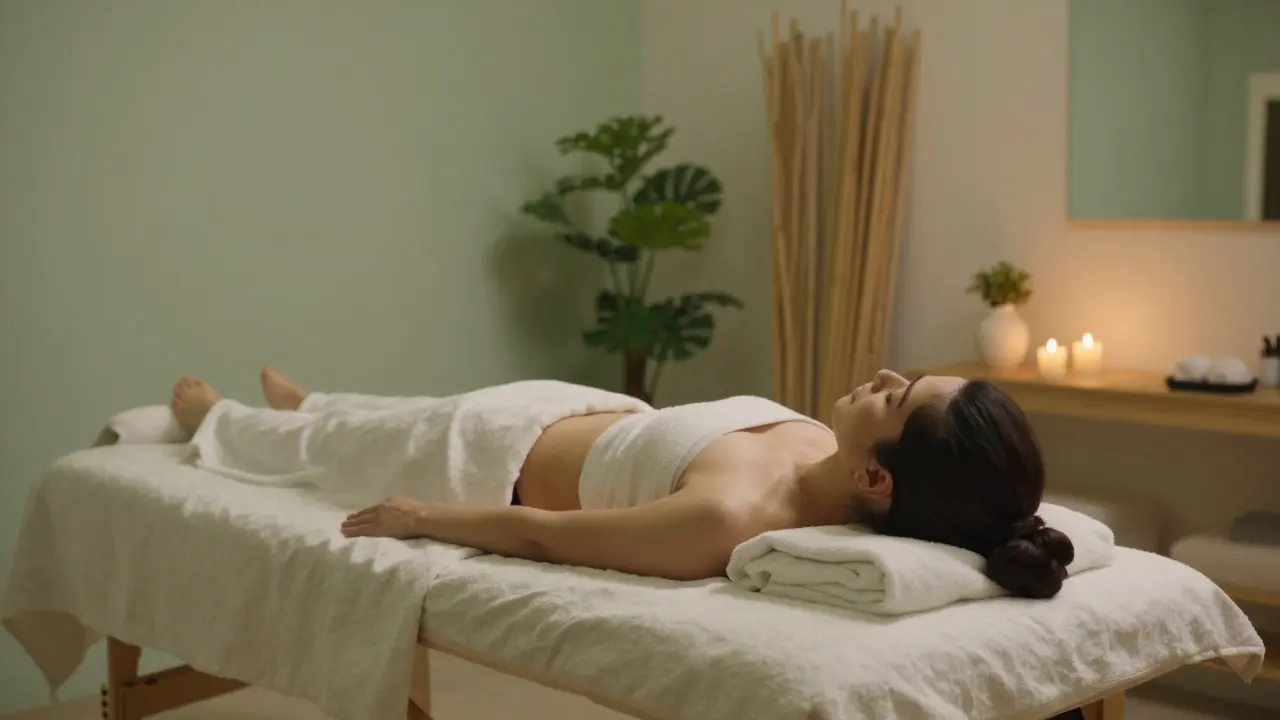 Žena relaxující v minimalistickém studiu během regenerační masáže.