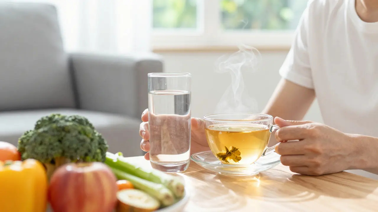 Člověk pije vodu a bylinkový čaj po masáži pro podporu detoxikace.