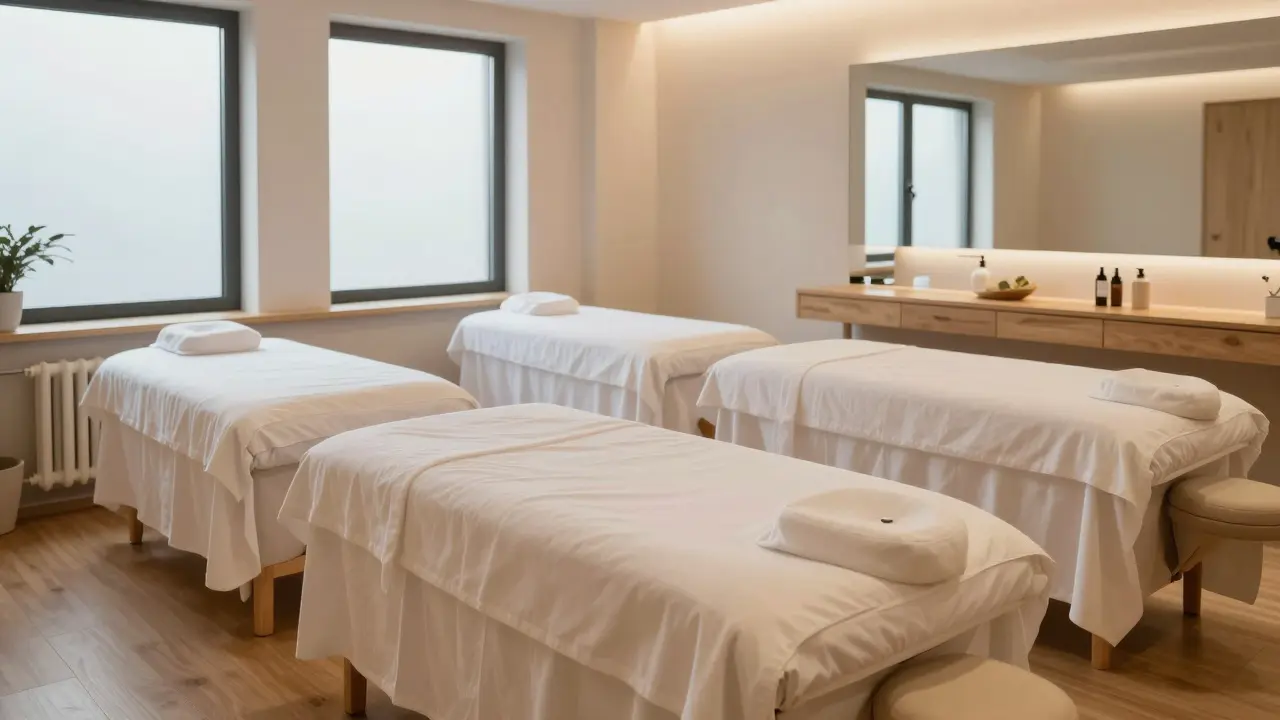 Klidný interiér moderního wellness centra s masážními lůžky.