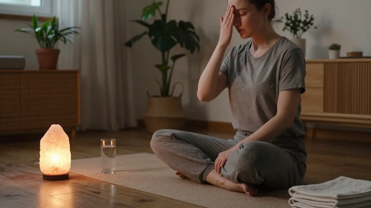 Člověk v klidné póze doma provádí samošetření shiatsu