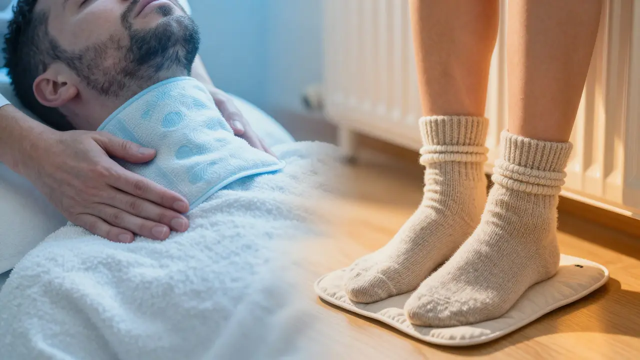 Koncept teplotního kontrastu: chladný obklad na krku a teplé ponožky