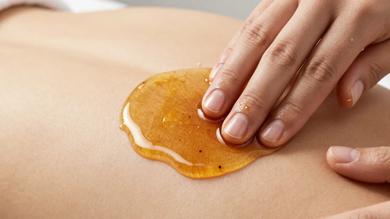 Ruka terapeuta s tmavým medem po čištění pórů