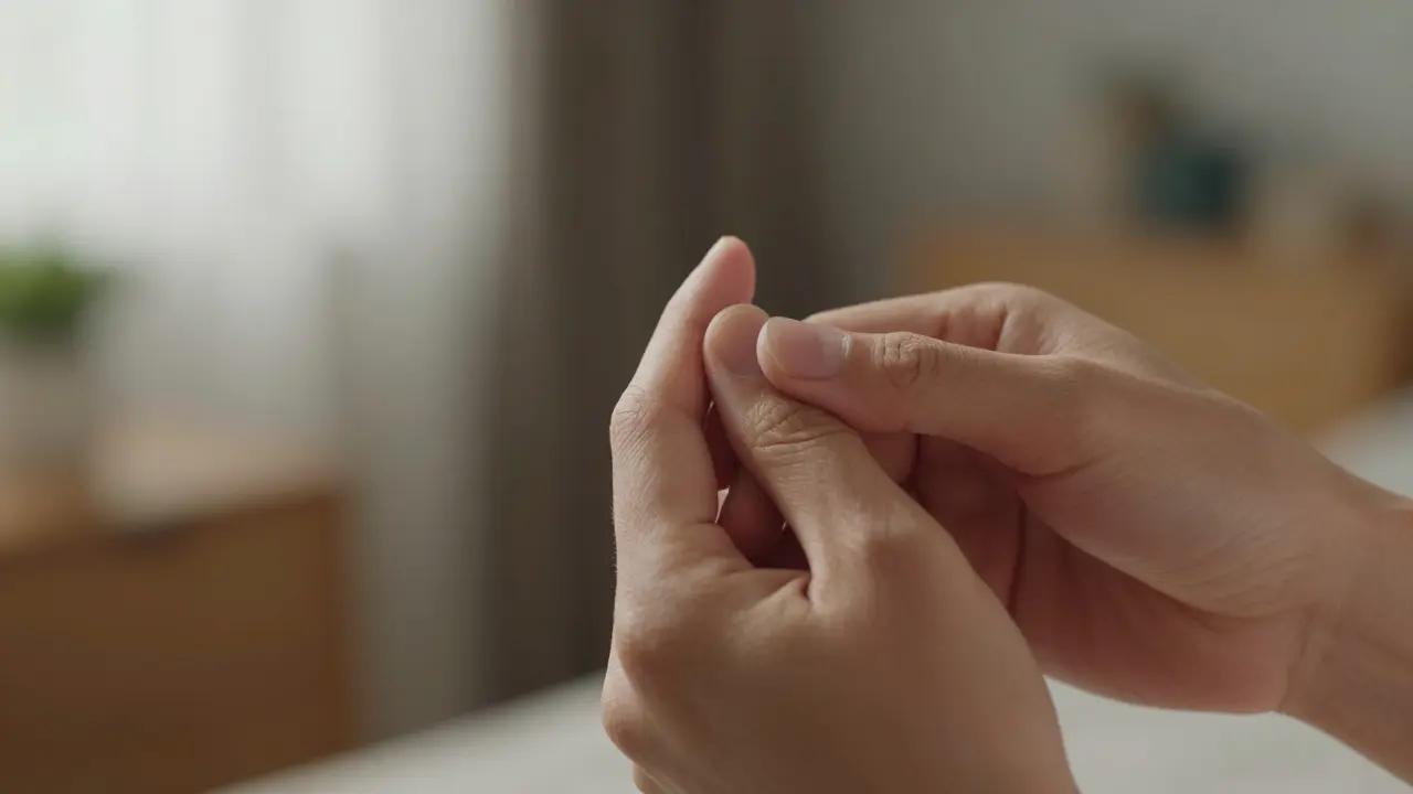 Záběr na ruku aplikující tlak na bod mezi palcem a ukazováčkem