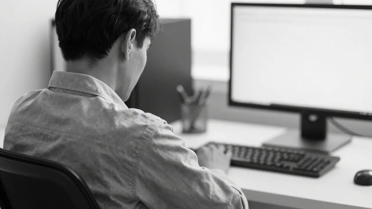 Office worker with slouched posture causing shoulder strain