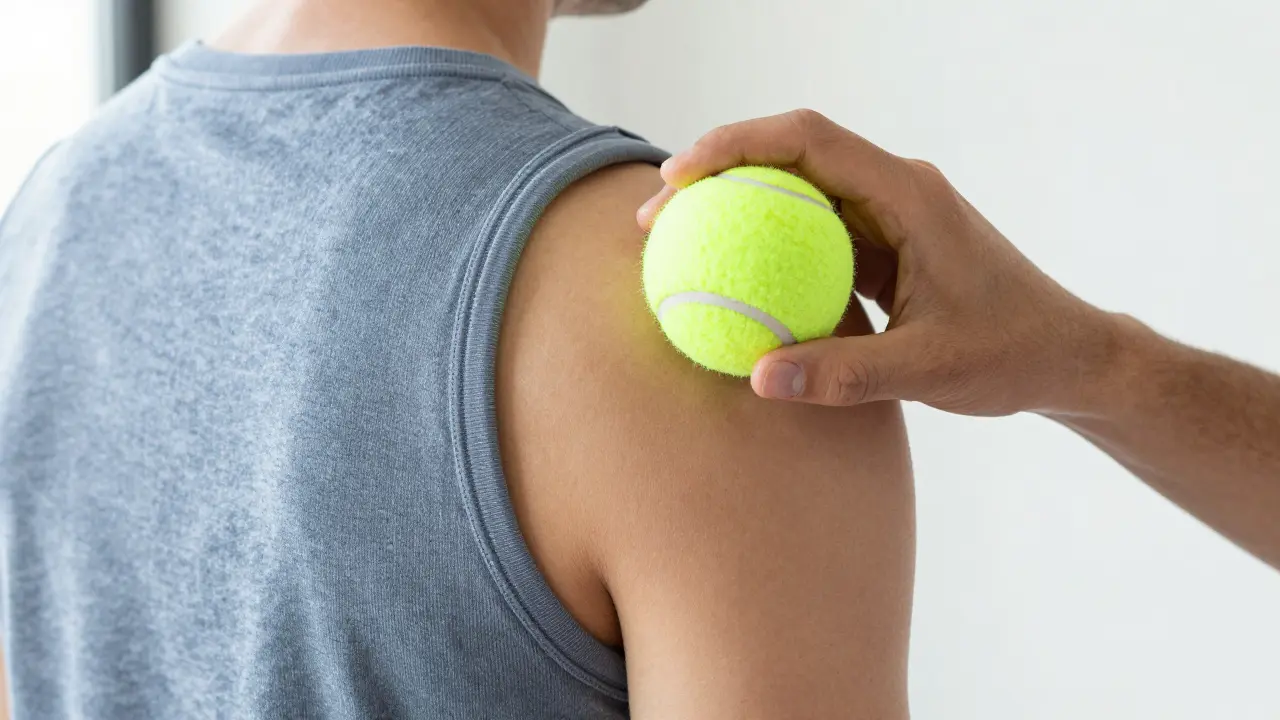 Person using tennis ball for shoulder self-massage against wall