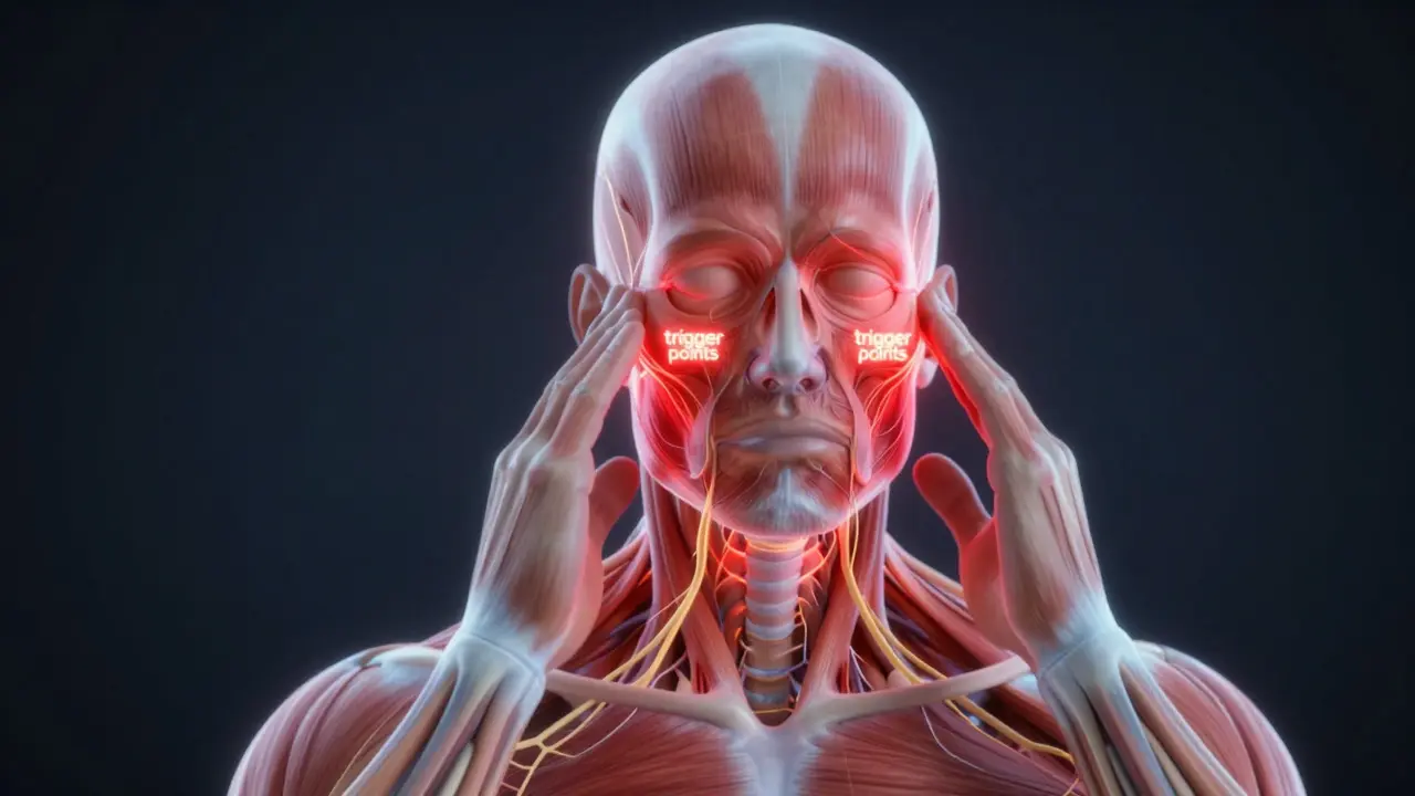 Anatomická ilustrace spouštěcích bodů v krku a hlavě