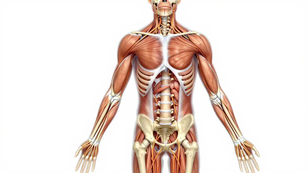 Anatomická ilustrace svalů, kostí a nervů pro studium masérství