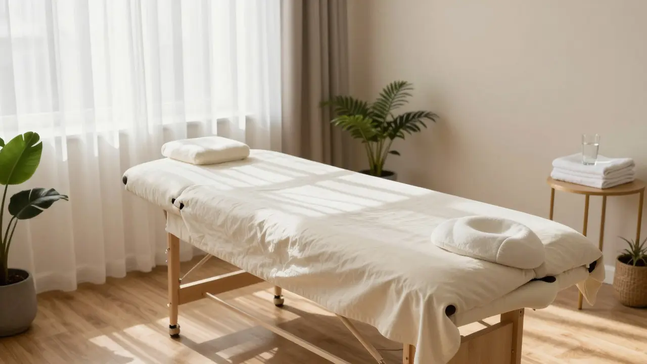 Bright and calm therapy room with a prepared treatment table and natural light
