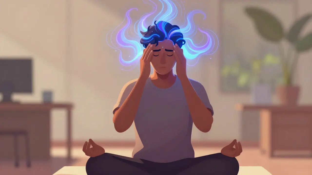 Ilustrace osoby v meditaci s abstraktními světelnými liniemi symbolizujícími uvolnění stresu