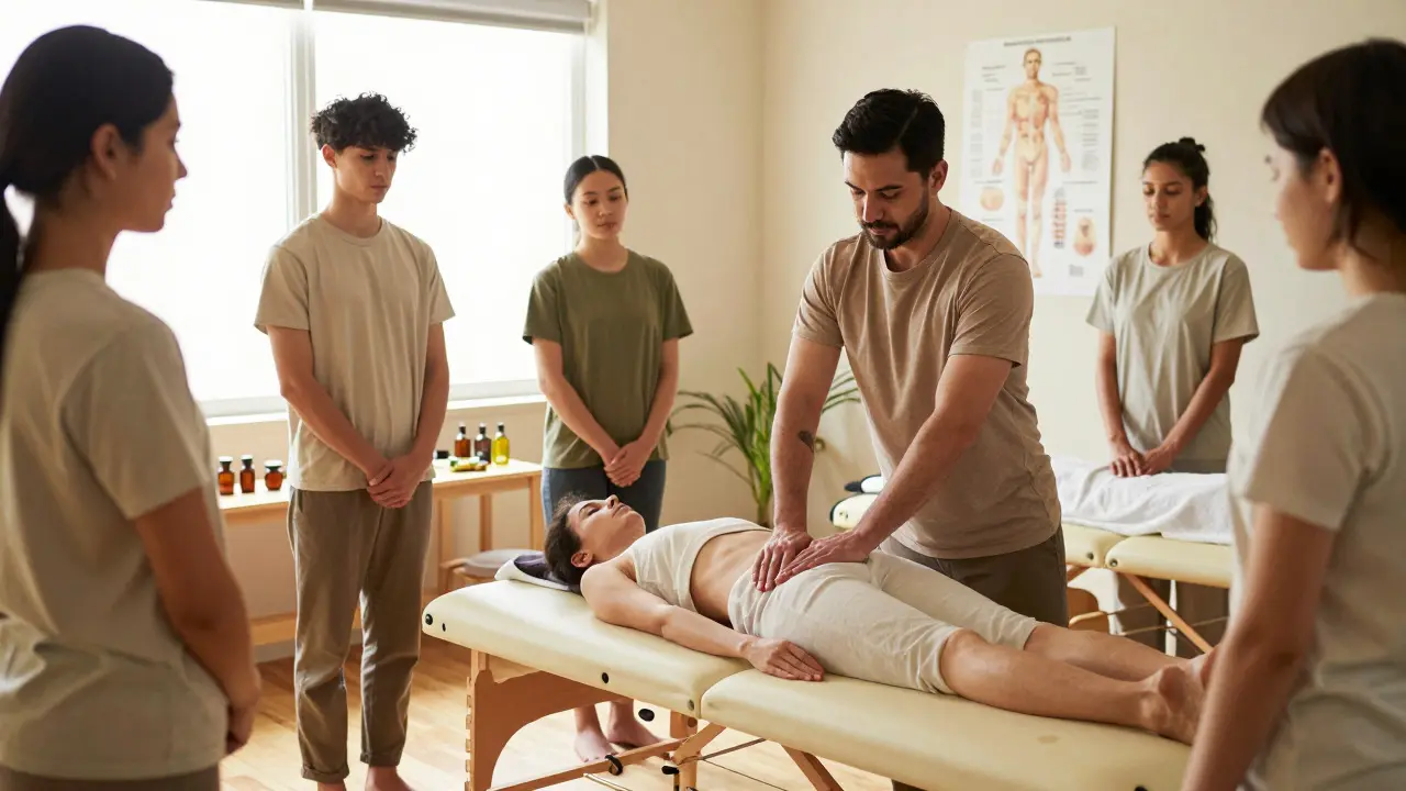 Instruktor ukazuje správnou techniku a ergonomii studentům masérů