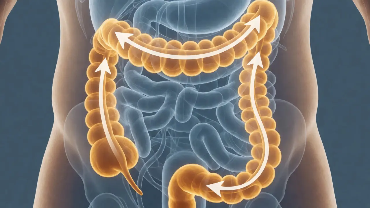 Anatomická ilustrace tlustého střeva se šipkami ukazujícími směr peristaltiky pro účely masáže.