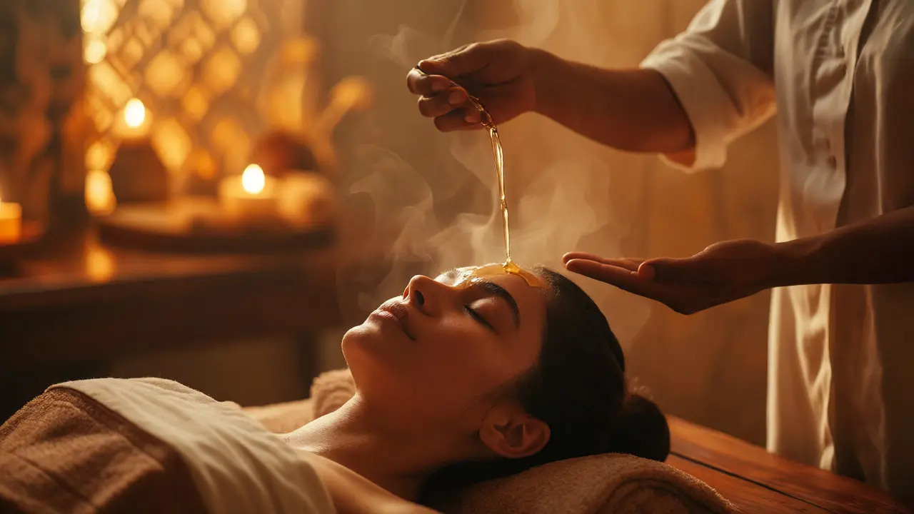 Ayurvedic Shirodhara treatment with warm oil pouring on a relaxing client's forehead in a spa.