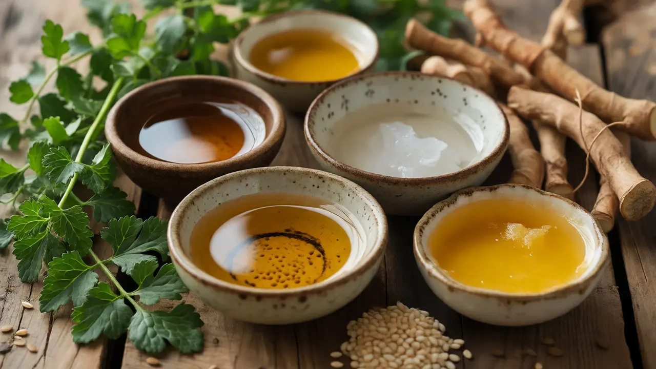 Bowls of Ayurvedic oils and fresh medicinal herbs like Brahmi on a wooden table.