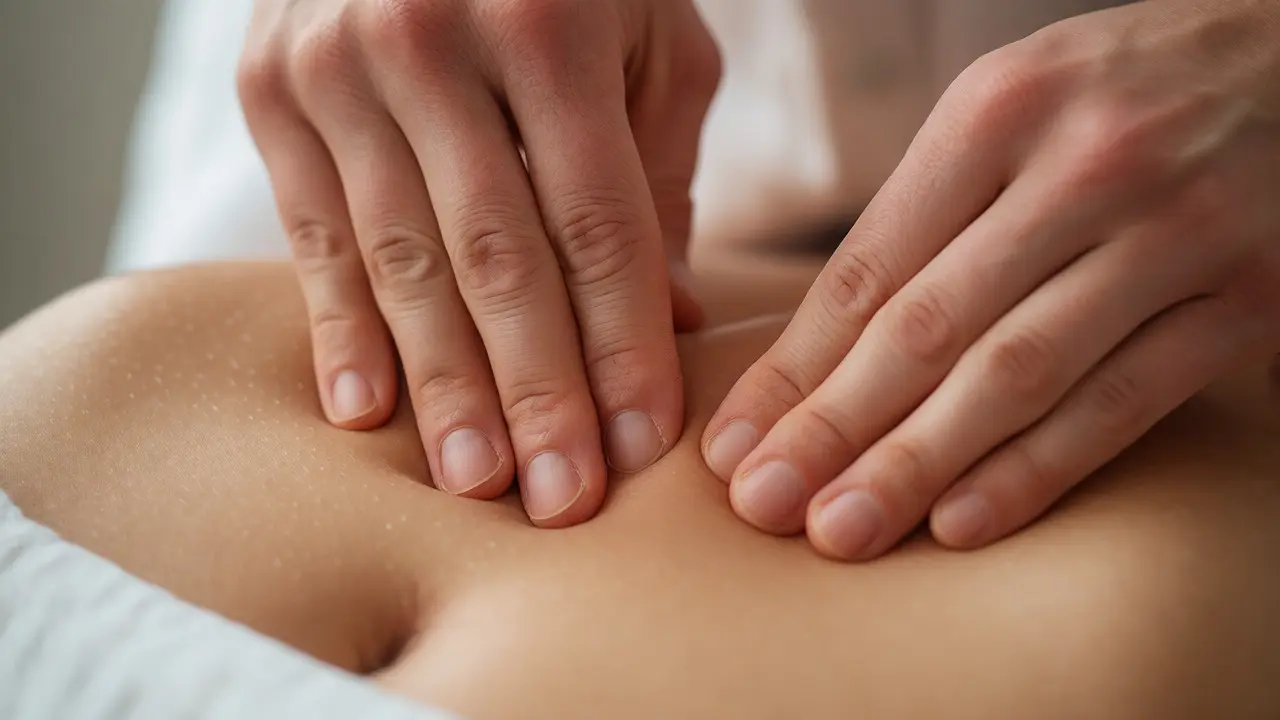 Jemná technika lymfodrenáže prsty na kůži břicha