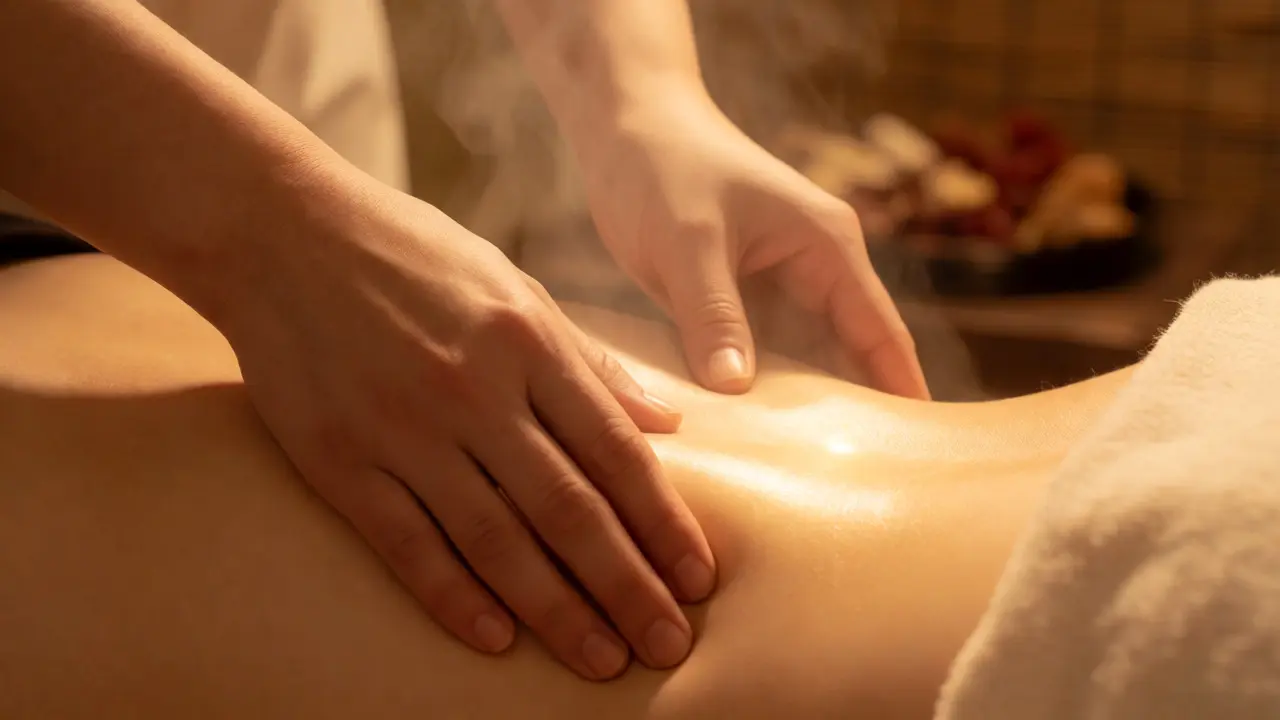 Terapeut provádějící čínskou masáž Tuina tlakem na body na zádech
