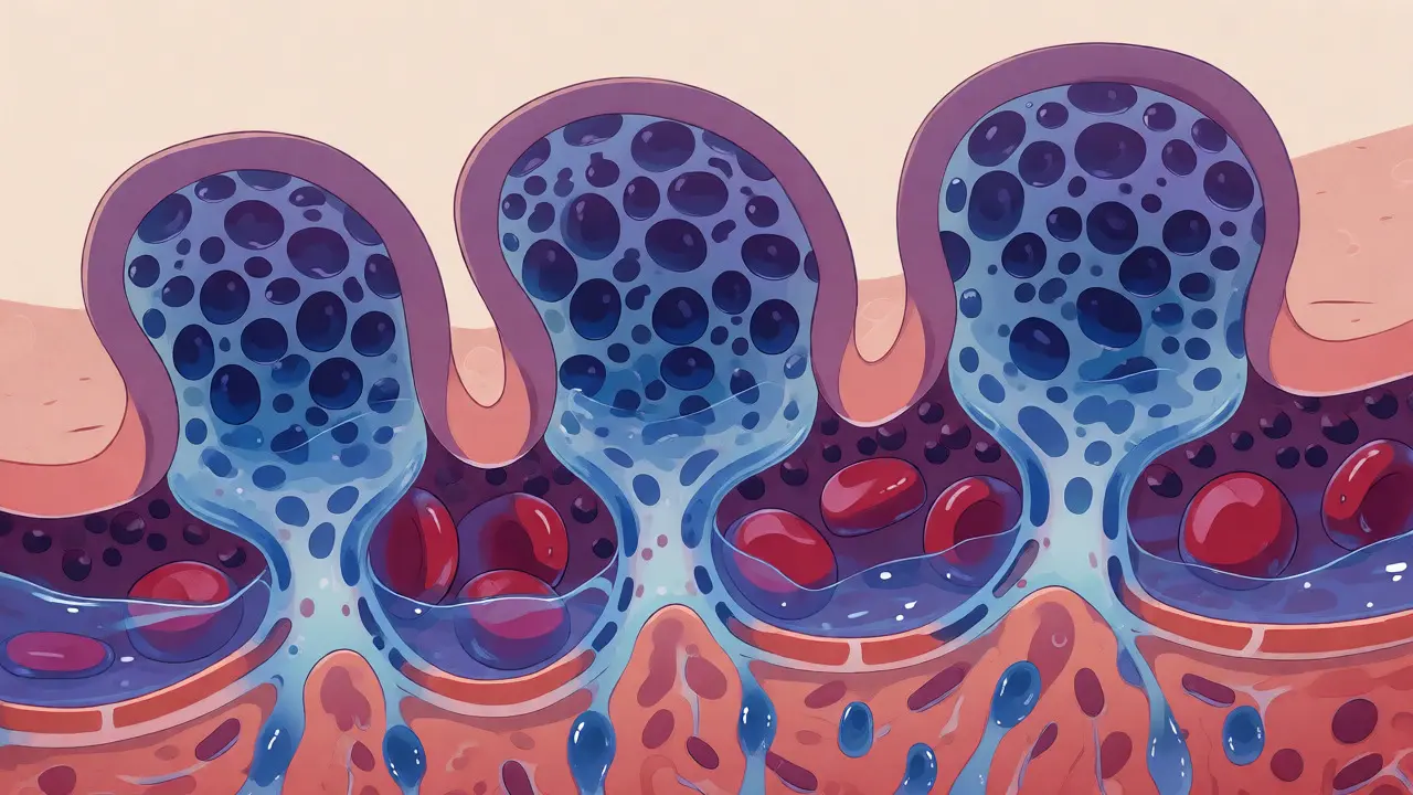 Ilustrace svalové tkáně absorbující živiny po masáži