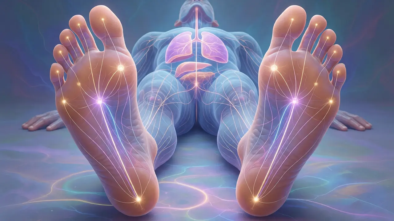Konceptuální ilustrace propojení reflexních zón na nohou s vnitřními orgány těla.