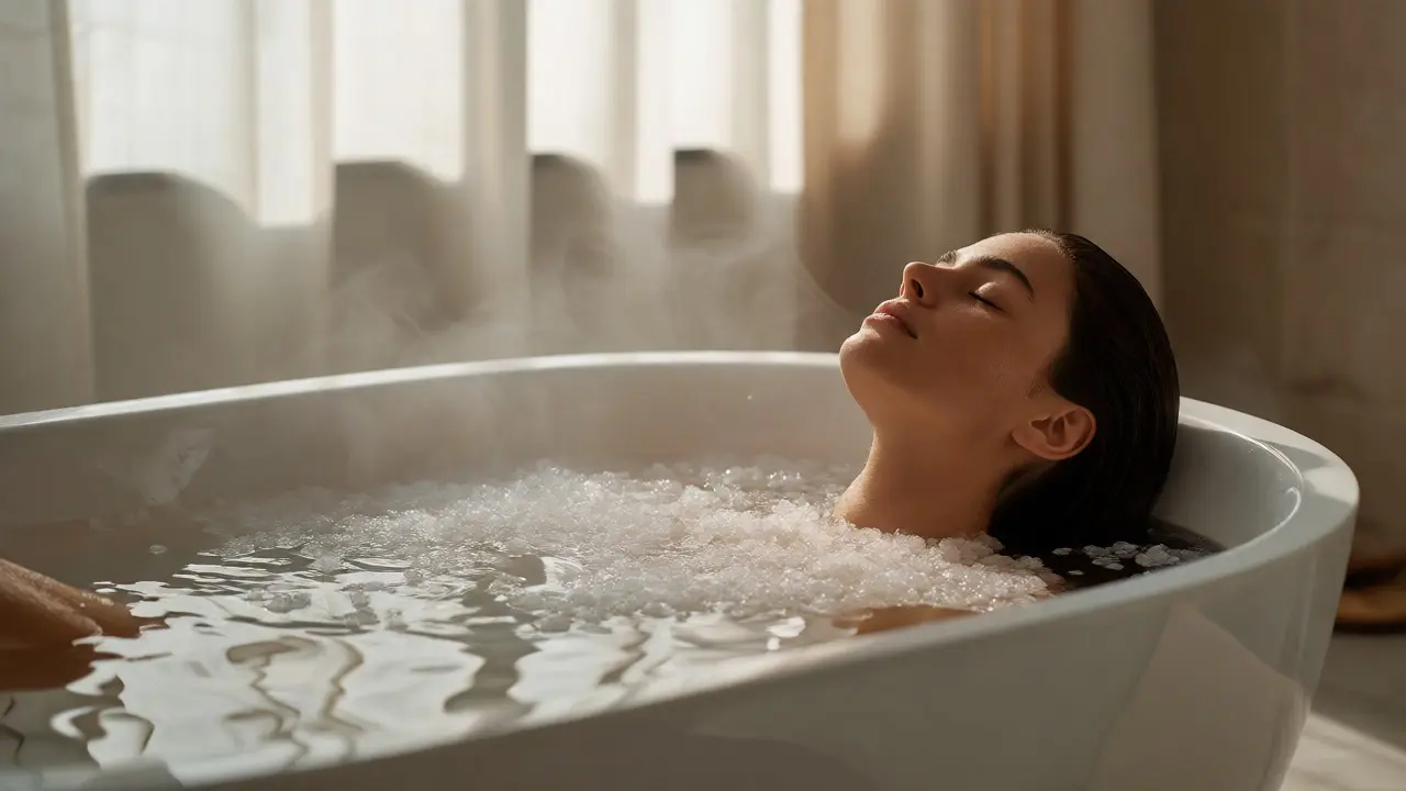 Relaxace v teplé koupeli s epsomskou solí po masáži.